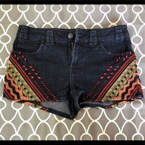 Tribal print jean shorts